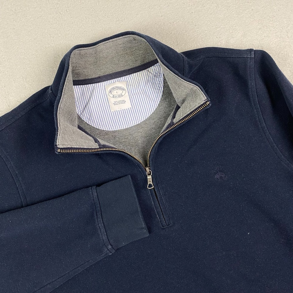 Brooks Brothers 1/4 Zip Sweater Mens Large navy pique Cotton Textured Knit